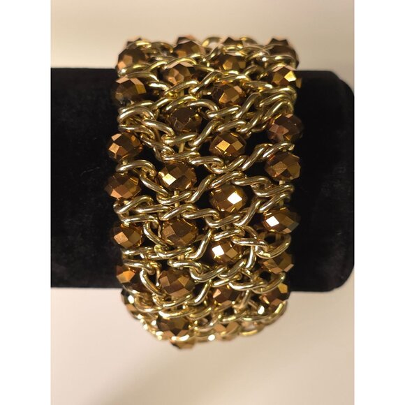 Gold & Bronze Beaded Chainmail Stretch Bracelet Multi-Strand Women's Elegant Jew - Picture 4 of 6